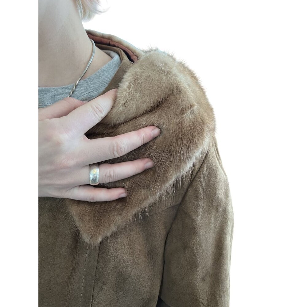 1960s Vintage Suede Coat With Mink Fur Collar Moonglow Buttons Satin Lining M - Picture 9 of 13